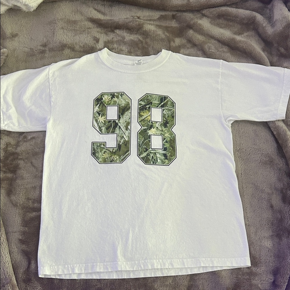 SHEIN White Tee with Green Camo Numbers